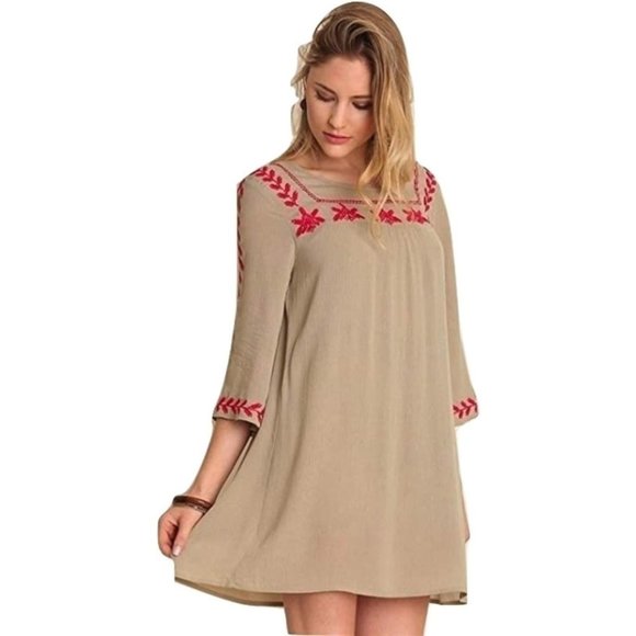 Umgee  Embroidered Mini Dress, Beige - Picture 1 of 2